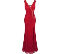 Angel-fashions Mujer Cuello en V Cordon Division Volante Fruncido Cuentas Vaina Vestidos (S, Rojo)