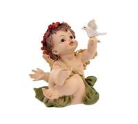 Ángel Figura 10 cm. Escultura Resina Detalle Corona Flores sábana Verde Paloma Blanca Mano