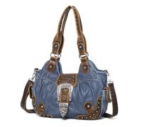 Angel Kiss Bolsos Hobo para mujer, bolsos y bolsos de cuero vegano, bolsos de hombro elegantes con tachuelas de metal, Azul/Marrón