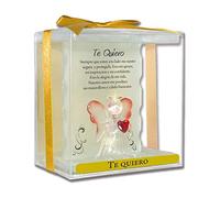 Angel n Bear Te Quiero. Ángel de Cristal sobre un Pedestal, con corazón Rojo, Diadema, y alas rojizas Junto a una Frase Especial y Amorosa. Regalo Decorativo y romántico para Parejas Novio o Novia