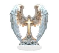 Angel Wings Cross Decoration - Acrylic, 8.27x7.48 Inches, Boho Cross Angel Wings Desk Decorations 2D | Holiday Christmas Style Decor, Boho Ornament For Shelf, Office, Church, Bookshelf, Living Room