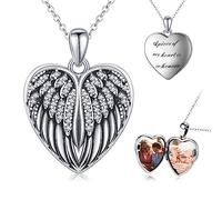 Angel Wings Locket Necklace 925 Sterling Silver Heart Locket Necklace That Holds Pictures Memorial Pendant Necklace Locket Jewelry Gifts for Women Girls