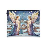 Angels - Neceser de maquillaje para mujer, diseño de vidrieras azules, organizador portátil de lona con cremallera, bolsa de aseo de vacaciones de invierno, Azul, 7x9 Inch, Ángeles