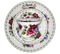 AngiesStrickZauber Vendido : Royal Albert/Original/Flower of the month/MARZO/1 taza - 1 platillo - 1 plato de pastel/original/hueso China/Inglaterra