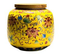 Angoily Bote de Té de Cerámica Tarro de Comida: Vintage Tea Tea con Tapa de Madera Bote de Almacenamiento Hermético para Café Spice Nut Azúcar Cereal Bean Pantry 400Ml Amarillo