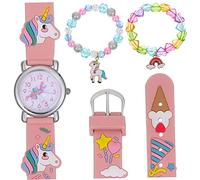Angoily Conjunto De Reloj y Pulsera Unicornio para Niña, Reloj De Cuarzo Ligero Correa Rosa Colorida, Pulsera De Cuentas Dije De Corazón y Perlas, Adecuado para Uso Diario y Fiesta
