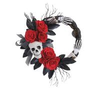 Angoily Corona de Calavera de Halloween Rosas Rojas Artificiales para Puerta Frontal, Decoración Creativa Reutilizable para Fiesta de Terror