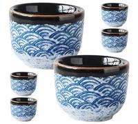 Angoily Juego de 6 Mini Tazas de Té Japonesas de Cerámica Resistente al Calor, Diseño Estilo Japonés Patrón de Olas Marinas, Tazas Multifunción para Casa, Oficina y Ceremonia de Té