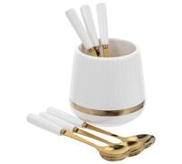 Angoily Juego de Cucharas de Cerámica para Servir Postres y Fruta Tarro Blanco y Dorado Soporte para Cubiertos de Encimera Set de 6 Piezas para Organización y Almacenamiento Cocina y