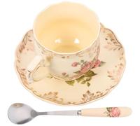 Angoily Juego de Taza de Café de Cerámica Vintage Estilo Europeo 3 Piezas Platillo y Cuchara en Color Rosa Taza Resistente al Calor para Hogar Oficina y Fiestas