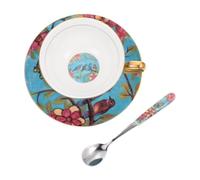 Angoily Juego de Taza de Café de Porcelana China Estilo Europeo Azul con Platillo y Cuchara, Set de 1 Taza, 1 Platillo y 1 Cuchara para Té y Café, Adecuado para Hogar y Color Aleatorio