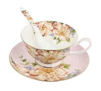 Angoily Juego de Taza de Café Estilo Europeo de Porcelana Ósea Plato y Cuchara, Diseño Floral Rosa, Set para Hogar, Cafetería y Oficina, Vajilla Resistente y Elegante, Taza Posavasos