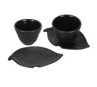 Angoily Juego de Taza de Té Chino de Hierro Fundido 2 Piezas con Posavasos en Forma de Hoja Tazas de Té Tradicionales para Degustación y Decoración del Hogar Vajilla Artística Cultural