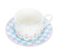 Angoily Juego de Taza y Platillo de Cerámica y Té, Diseño Estampado de Tulipán en Patrón de Ajedrez, Capacidad Amplia, Color, Adecuado para Hogar, Cafeterías y Restaurantes