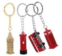 Angoily Llavero de Aleación Estilo Vintage Inglés 4 Piezas Colgantes Decorativos de Autobús Rojo Cabina Telefónica Buzón y Reloj Icónico Accesorio Multifunción para Bolsos y Decoración