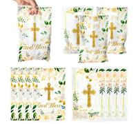 ANGOLIO Bolsas de fiesta de Pascua - 50 bolsas de regalo de fiesta de oro blanco con impresión de cruz de Pascua Dios bendiga bolsas de dulces con asas, bolsas de regalo de plástico, bolsas de
