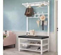 angroups Perchero Zapatero Recibidor,Árbol del Vestíbulo,Perchero de Pie con Banco y 10 Ganchos, Mueble Recibidores de Entrada, Colgador Ropa, Metálico Negro 100x32x172cm