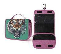 Angry Tiger Head on Green - Neceser de viaje para mujer, organizador de maquillaje colgante con gancho para champú