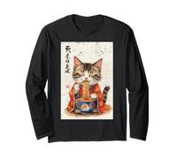 Angustia Lindo Gato atigrado Comiendo Fideos Ramen Arte japonés Manga Larga