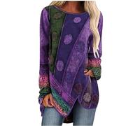 ANHATUIV Camisetas de manga larga para mujer, talla grande, cuello redondo, estilo étnico, estampado, jersey elegante, blusa larga con dobladillo irregular, ajuste holgado, túnica vintage, camisa