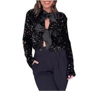 ANHATUIV Chaqueta de lentejuelas brillantes para mujer, cárdigan brillante con lazo frontal, cinturón con lazo, blusa de fiesta con purpurina, camisa de manga larga con solapa dividida, abrigos
