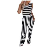 ANHATUIV Enterizo de verano para mujer, enterizo de pierna ancha con volantes, manga con vuelo, estampado a rayas, pantalones largos, chándal, cómodo, casual, para la playa, con bolsillo, 01 Negro, L