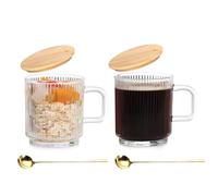 Anhow 2pcs Vasos de Vidrio, Tazas Desayuno Mugs café con Tapa y Juego de Cuchara para Leche, Café, Avena, Yogurt, Tazas de Té Vintage- 350ml, Transparente