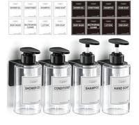 Anhow Botes para Gel Champu 300ml, 4Pcs Dispensador Jabon Baño Transparente | Dispensador Gel y Champu Ducha con 4 Soportes y 16 Etiquetas Impermeables Sin Taladrar para Gel de Ducha, Hoteles