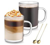 Anhow Juego de 2 Vasos de Vidrio, 350ml Tazas de Vidrio Borosilicato con Asa, Tazas de Café de Cristal Taza de Desayuno, Diseño de Rayas Verticales, Tazas de Té Vintage para Leche, Café, Avena, Yogurt