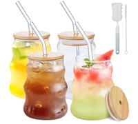 Anhow Juego de 4 Vasos de Cóctel, 500ML Tazas de Café de Cristal con Tapa y Pajita Reutilizable, Vasos de Jugo, Vasos Largos, para CóCteles/Whisky/Cerveza/Café Helado/Zumos/Latte/Macchiato