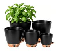 Anhow Macetas Autorriego Juego de 5, Ø 12.5/14/15.2/16.5/17.8 cm Macetero de Auto-riego Macetas Plastico con Agujeros de Drenaje Maceteros Decorativos Interior para la Cocina, Plantas de Jardín, Negro