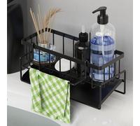 Anhow Organizador Fregadero, Soporte Estropajo Fregadero, Soporte para Estropajos de Acero Inoxidable con Toallero Extraíble y Bandeja, sin Instalación para Cocinas y Baños - Negro