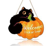 ANHUIB Arte de pared de Halloween, letrero colgante de madera de truco o trato, decoración de puerta de Halloween de gato negro, letrero de puerta de bienvenida para colgar, decoración de pared de