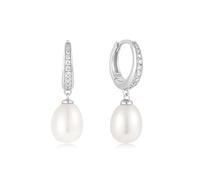ANIA HAIE Pendientes de aro para mujer Chic Creator Freshwater Pearl and White Cubic Zirconia Pavé Drop Huggies de plata de ley 925, adornados con 20 circonitas y 2 perlas, tamaño: 8,5 x 1,5~3 mm