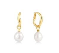 ANIA HAIE Pendientes de aro para mujer Chic Creator Freshwater Pearl Drop Hoops de plata de ley 925 chapados en oro de 14 quilates, adornados con 2 perlas de agua dulce, tamaño: 12 x 1,5~3 mm