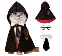 ANIAC 3 piezas de disfraz de Halloween para perro, gato, mago, capa, gafas y corbata, disfraz de Halloween, disfraz de mago para mascotas, ropa de cosplay para gatitos, gatos, perros pequeños (negro y