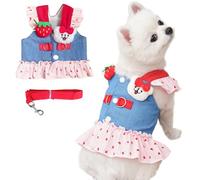 ANIAC Juego de arnés de mezclilla con correa para perros pequeños, ropa para perros pequeños, vestidos de cachorro, malla transpirable, arnés para gato, traje de chihuahua y yorkie de fresa (corazón
