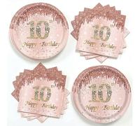 Anicy Juego de 40 piezas para decoración del 10º cumpleaños para niña, color oro rosa, incluye 20 platos de papel y 20 servilletas, decoración de mesa Happy Birthday 10 años, juego de vajilla de papel