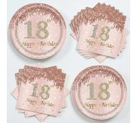 Anicy Juego de vajilla de fiesta de cumpleaños número 18 de 40 piezas, incluye 20 platos de papel y 20 servilletas, decoración de mesa Happy Birthday 18 años, juego de vajilla de cartón para mujeres y