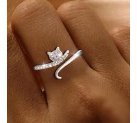 Anillo abierto ajustable con diseño de gato y circonita cúbica para mujer | Joyas brillantes para dedos, modernas y bonitas
