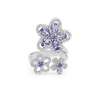 Anillo abierto ajustable de plata de ley 925 con tanzanita natural y topacio blanco, diseño floral, regalo de joyería fina para ella, 68(21.60),X1/2, Piedra preciosa, Tanzanita