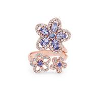 Anillo abierto ajustable de plata de ley 925 con tanzanita natural y topacio blanco, diseño floral, regalo de joyería fina para ella, 66(21.00),W1/2, Piedra preciosa, Tanzanita