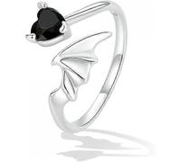 Anillo abierto con rosa negra, forma de corazón, plano, ajustable, de plata 925. Joyería exquisita para mujer, niña o pareja.
