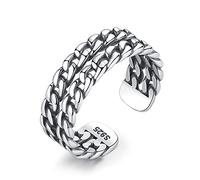 Anillo abierto de doble capa con cadena de plata esterlina S925 exagerada para mujer