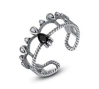 Anillo abierto de doble capa con incrustaciones de circonita y obsidiana estilo palacio en plata de ley S925 para mujer