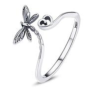 Anillo ajustable abierto con forma de corazón de insecto y libélula en plata de ley 925 para mujeres y niñas.