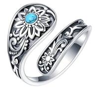 Anillo ajustable, flor de estilo étnico vintage, acabado de plata antigua, joyería turquesa de plata de ley para mujer, diseño único con detalles tallados a mano, modelo T0245