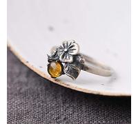 Anillo ajustable para mujeres, s sterling platversilver hojas de flores retro incrustadas de abejas amarillas piedra de piedra ajustable ajustable nudillo de nudillo anillo de dedo dedos joyería de