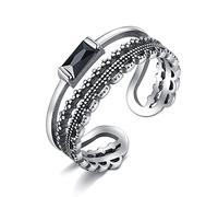 Anillo ancho de doble capa con incrustaciones de obsidiana y encaje hueco en plata esterlina S925 para mujer