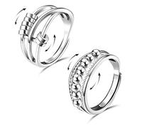 Anillo antiansiedad para mujeres y hombres, 2 anillos de alivio del estrés ajustables de plata, con cuentas anillo giratorio para anillo giratorio de ansiedad